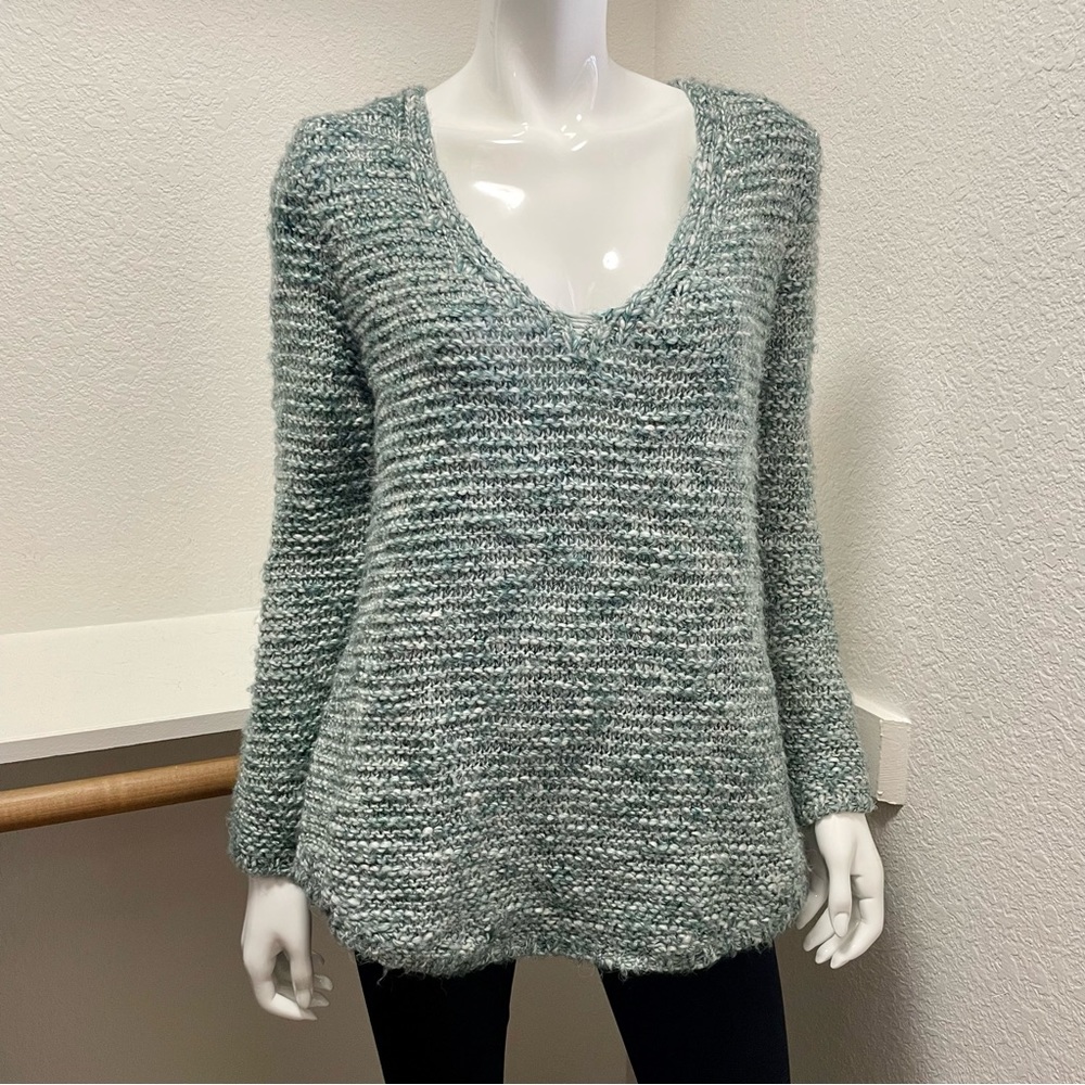 ZARA KNIT 🍃Marled green & white, scoop neck loose knit wool blend sweater Sz M